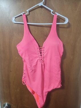 Lace-Up Ribbed One-Piece Swimsuit - Neon Pink